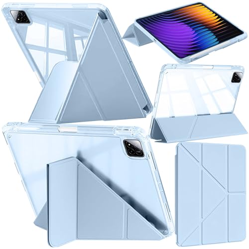 A BEAUTY Funda Compatible con Xiaomi Pad 8 / Pad 8 Pro 2025 11.2 Pulgadas y Xiaomi Pad 7 / Pad 7 Pro 2024, Carcasa Delgada Transparente con Soporte Plegable 6 en 1, Auto Sueño/Vigilia, Azul Claro