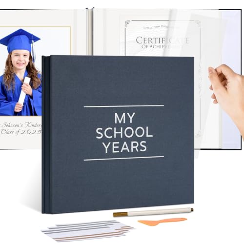 Hiwhy School Years Memory Book for Kids Self Adhesive Photo Album 12x12 Inch 40 Pages Linen Cover (Gray Blue) School Picture Album with Marker & Corner Stickers Childhood Keepsake Book