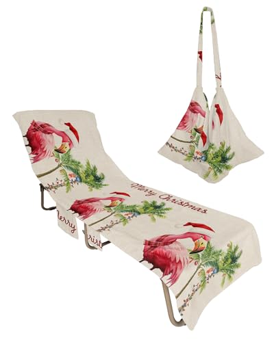 Christmas Flamingos Beach Lounge Chair Towel Cover, Soft Chaise Lounge Towel with Side Pockets Patio Pool Chairs Cover for Beach/Pool Sunbathing 29x85 Xmas Balls Tree Rustic