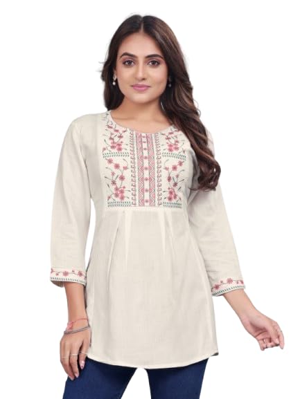 Women's Embroidered Rayon Blend Tunic Top | Floral Embroidery Round Neck 3/4 Sleeve Casual Ethnic Kurti Top for Women-picture-27