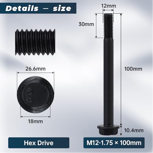 Image of Glvaner M12-1.75 x 100mm (4 pcs) Alloy Steel Flanged Washer Head Hex Bolts, Extra-Large Washer Head, 10.9 Grade Black Oxide Finish GB5789 Partial Thread