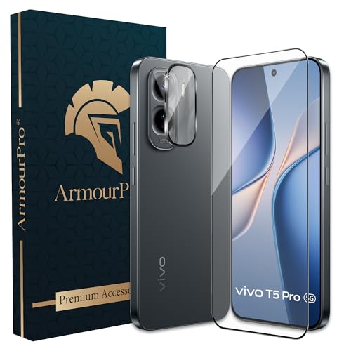 Image of ArmourPro Edge to Edge Tempered Glass for Vivo T5 Pro with Black Camera Ring Guard, 9H Screen Protector, Anti-Scratch, Anti-Fingerprint, Bubble-Free Installation Kit