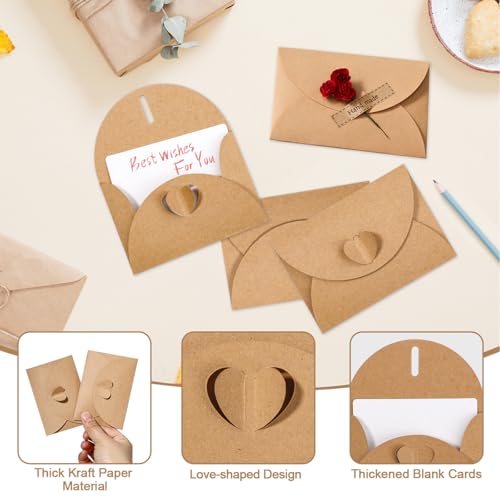 50er Set Vintage Kraftpapier Briefumschläge mit Herz Verschluss, Romantische Liebesbrief Umschläge, mit 50 Blanko Karten für Geldgeschenke Dankeskarten Einladung Hochzeiten Valentinstag Geschenke