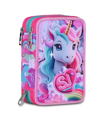 SJ GANG STYLE JAM GANG Astuccio Scuola 3 Zip, Rosa, Portapenne Triplo Scomparto Completo Di Penne, Matite, Colori, Accessori Zaino, Scuole Elementari, Bambina