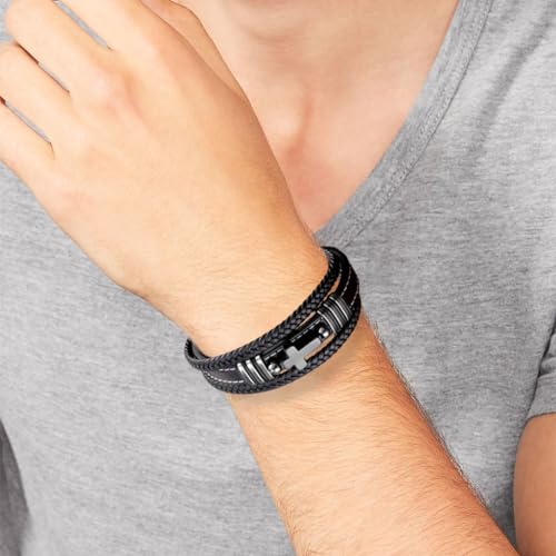 Cross Leather Bracelet For Men Multilayer Braided Memorial Wristband Bangle Stainless Steel Buckle Religious Activities Holiday Gifts4