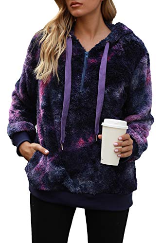 Yanekop Womens Fuzzy Fleece Sweatshirt Tie Dye Sherpa Pullover Oversized Hoodie With Pockets(Dark Purple,XL)