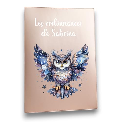 Protège Ordonnances Personnalisable, Étui PVC 16,5 x 23,5 cm, Motif Hibou Mystique, Rangement Cartes Vitale et Mutuelle (nacré ambre (int gris))