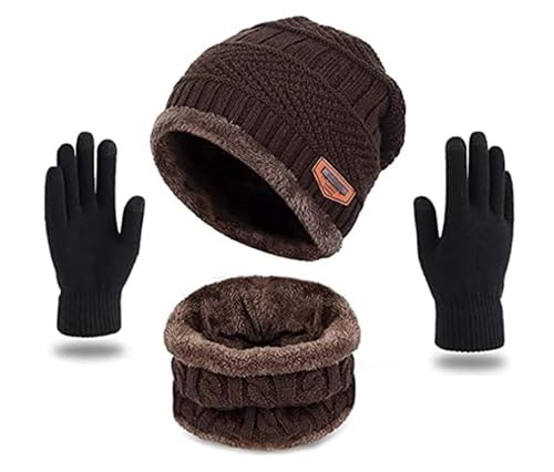 Image of Winter Knit Beanie, Hat, Neck Warmer Scarf and Woolen Gloves Set - Skull Cap for Men & Women (3 Piece)