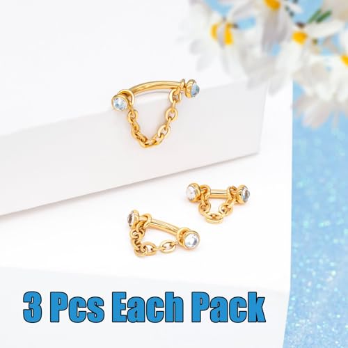 3 Pcs 316L Stainless Steel 16G Tragus Helix Rook Piercing Jewelry with Chain, Cartilage Earrings for Women, Belly Button Ring Vertical Labret Lip Piercing Jewelry