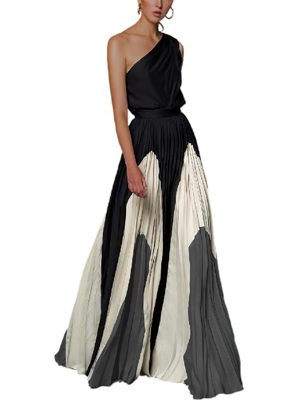 UOOZEE Women's 2025 Summer Sleeveless One Shoulder Dress High Waist Pleated Formal Cocktail Party Flowy Dresses