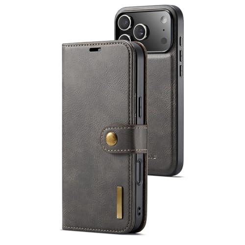 Étui iPhone 17 Pro gris en cuir avec housse magnétique amovible