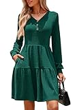 Kate Kasin Women Dresses 2025, Ribbed Knit Long Sleeve Sweater Dresses, Fall Winter Casual A Line Babydoll Dress with Pockets Dark Green