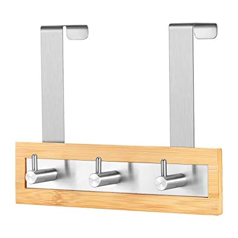 ToiletTree Products Bamboo Wood & Stainless Steel Over The Door Towel Rack, 3 Hooks Cover