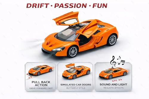 Image of 1:36 Scale McLaren 720S Toy Car - Die-Cast Metal Pull Back Vehicle with Openable Doors, Lights & Music - Sports Model for Kids, Boys & Collectors (Orange)