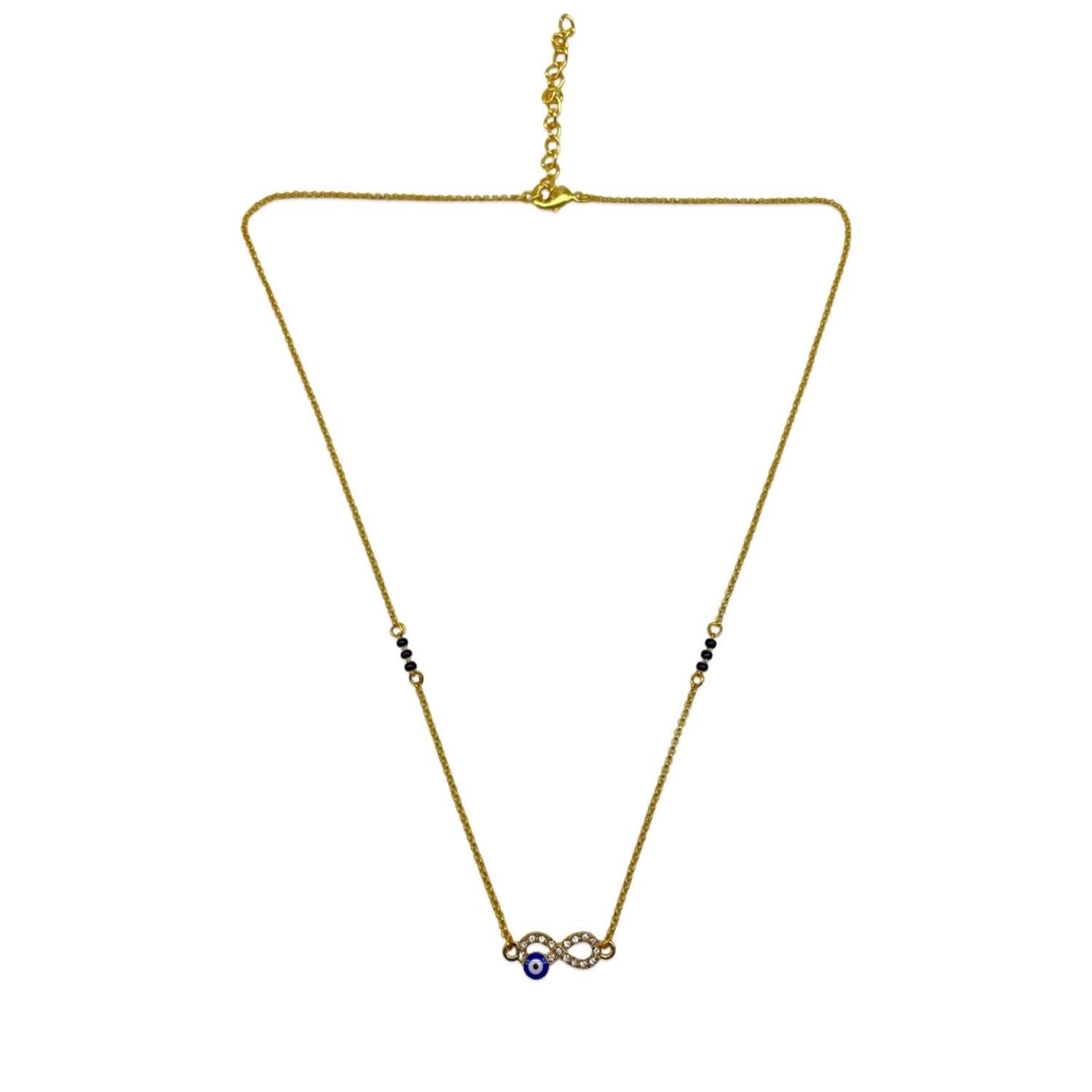Short Mangalsutra Stylish New Gold Plated Necklace Simple Mangalsutra Maharashtrian Tanmaniya Infinity & Blue Evil Eye Pendant Single Line Gold & Black Beads Chain Designs For Women (18 Inches)-image-38