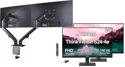 Image of Lenovo ThinkVision 24 inch FHD IPS Monitor w / 100 Hz Refresh Rate, VESA Mount | 4ms Response Time, Flicker Free, Anti-Glare, HDMI w / DKZ USB Hub, Black (64B5KAT1UZ) 2 Pack & ErgoFlexy Dual Mount Arm