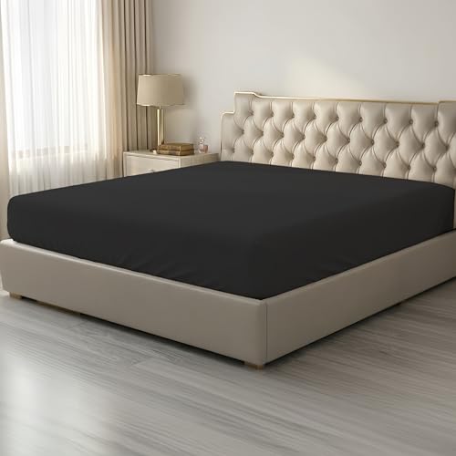 Image of HBHLFZ King Fitted Sheet Only, Soft Breathable Bottom Sheet - 78 inchx80 inch Deep Pockets King Size Fitted Sheet - All Around Stretch Fit, Wrinkle Resistant, Colorfast - Easy Care, Black