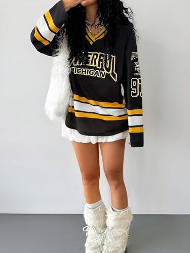 SweatyRocks Girl's Letter Graphic Jersery T Shirt Oversized Long Sleeve V Neck Striped Casual Tees Top3