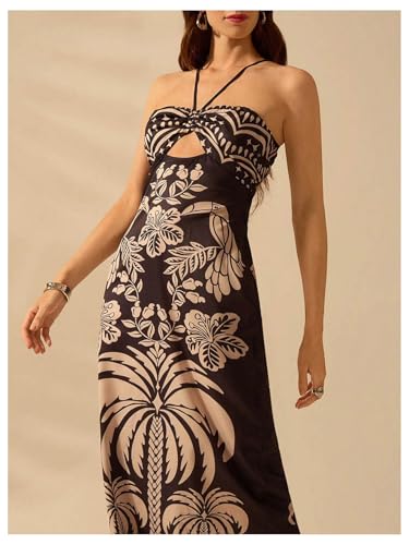 Image of SHENHE Women's Tropical Print Halter Neck Maxi Dress with Cutouts and Tie Knot at Backless and Split Hem