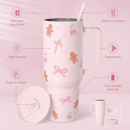 Image of SANDJEST Christmas Theme 40oz Slider Tumbler with Handle and Straw - Insulated Stainless Steel Travel Coffee Mug for Women Girls, Gift for Birthday Xmas