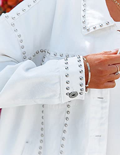 Fhniepan Women's Oversized Denim Jacket Studded Rivet Boyfriend Long Sleeve Loose Jean Trucker Jackets Coat With 4 Pockets(White,L) #TOP3