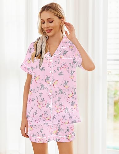 Image of Ekouaer Womens Silk Satin Pajama Sets Soft Short Sleeve Button Down Sleepwear Top and Shorts 2 Piece Pjs Lounge Set,Floral Pink Yellow,S