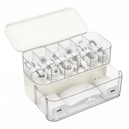 AiQInu 2 Pièces Boite Rangement Cable, Avec Couvercle et 6 Séparateurs, Boîte de Rangement pour Câbles USB, Chargeurs et Électroniques, Bureau/Maison
