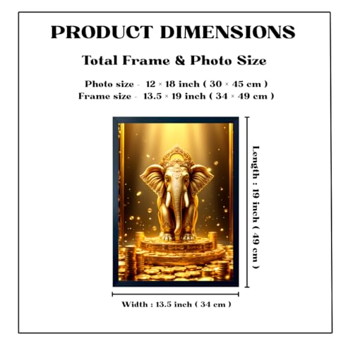 Image of ARTFUL TOY BOX - Golden Elephant Photo Frame Wall Art for Home Decor | Wealth, Power & Good Luck Vastu Feng Shui Wall Decor for Living Room & Office | HD Glossy Print | Premium Fiber Black Frame - 12x18 Inch (30x45 cm) (Design 10)
