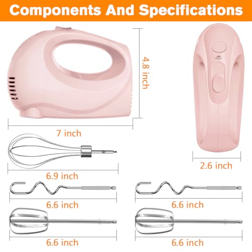 Image of Showvigor Electric Hand Mixer with 5 Stainless Steel Whisks,5 Speed,Pink
