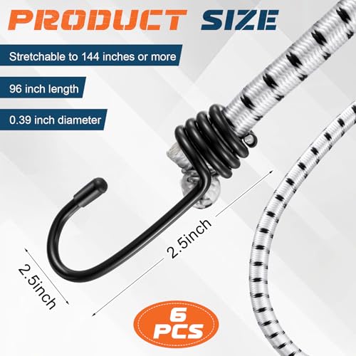 Image of 6 Pcs 96 Inch Extra Long Bungee Cords with Hooks 0.39 Inch Thick Heavy Duty Bungee Straps for Outdoors, Camping, Rvs, Bikes, Cargo, Stretchable to Over 144 Inches