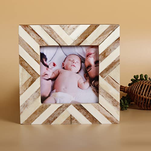 Picture Frames Photo Frame Chevron Herringbone Vintage Wooden Handmade Naturals Bone Classicgrey Brown 4X4 Inch, Gifts For Mom #TOP2
