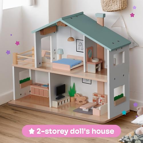 jewelkeeper 2 storey dollhouse wooden - kids pretend play dream house - wooden dollhouse for girls - large wood doll houses playset gift for girl ages 3 and up -157x196 inch