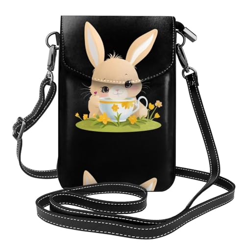 Petit sac à main pour téléphone portable en cuir pour femme avec motif lapin buvant du thé