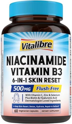 Niacinamide Vitamin B3 Niacin 500mg No Flush Niacin Supplement, 6-in-1 Skin Reset Formula w/VC Zinc Selenium Biotin Hyaluronic Acid, for Acne, Breakouts, Skin, Energy, Non GMO 60 Vegan Caps