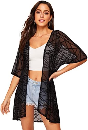Floerns Women's Half Sleeve Open Front Geo Print Sheer Cardigan Kimono Coverup A Black XL