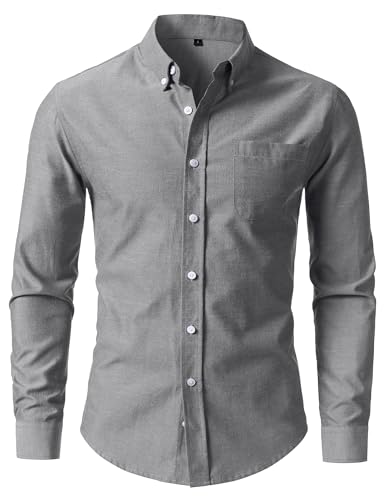 LucMatton Mens Lightweight Oxford Long-Sleeve Button-Down Shirt Business Casual Slim-fit Dress Shirts with Pocket Grey Large