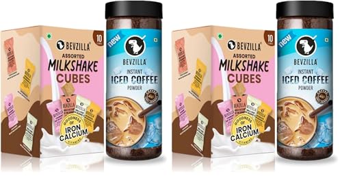 Image of Bevzilla 200g Instant Iced Coffee Powder | Perfect Cold Coffee + 10 Assorted Milkshake Cubes (Hazelnut Chocolate, Strawberry, Creamy Vanilla, Butterscotch) | Hot & Cold Beverage Combo (Pack of 2)