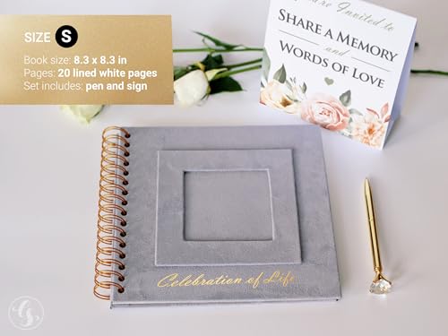 Image of Funeral Guest Book for Memorial or Celebration of Life - Velvet Hardcover with Photo Frame - Includes Pen or Marker and Sign (Gray - Small)