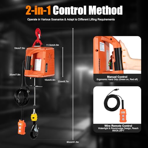 2 in 1 Electric Hoist Winch - 2200LBS 38FT 110V Manual, Wired and Wireless Remote Control for Factories, Warehouses, Garages, Etc