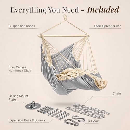 Image of Hanging Hammock Chair Swing - Hanging Chair Outdoor & Indoor - Hammock Swing Chair - Quick & Easy Setup with Hardware Kit - Upgraded UV-Resistant Polyester Straps, Durable & Spacious Full-Body Support