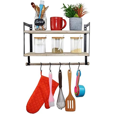 Spiretro Floating Shelves 2 Tier Wall Shelf, Spice Rack with Towel Tissue Bar, Metal Hooks Organize Mugs Utensils, Home Storage for Kitchen, Bathroom, Rustic Wood_Grey Cover