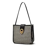 FOXLOVER Houndstooth Fabric Shoulder Bag for Women Top Handle Bucket Purse Casual Retro Portable Adjustable Straps(Black)