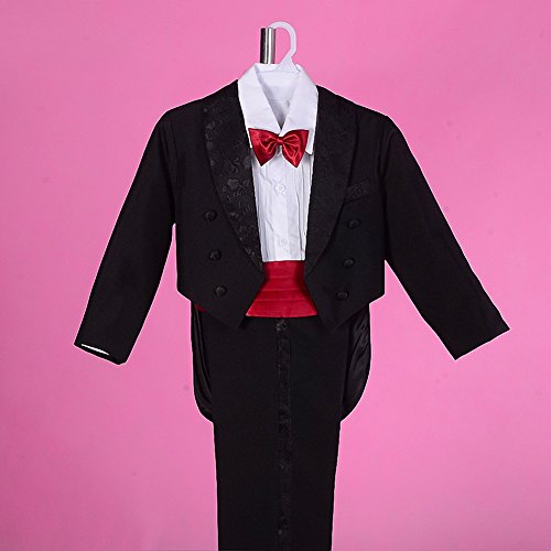 Dressy Daisy Boys Tuxedo Suit 5 Pieces Set Formal Wear Wedding Outfit with Cummerbund, Black/White 0013