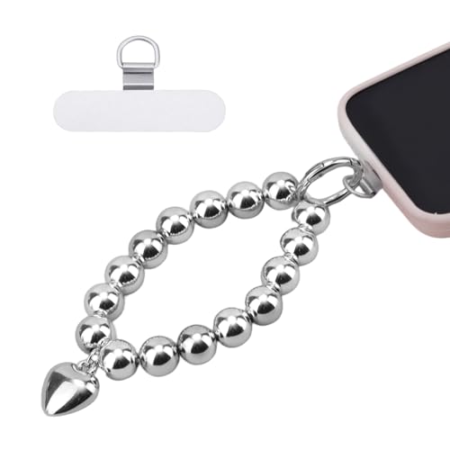 Beaded Phone Wrist Strap, Fashion Silver Beads with Heart Charm Mobile Phone Chain Bracelet Anti-Drop Detachable Cellphone Lanyard Wristband with Metal Tether Tab for Women
