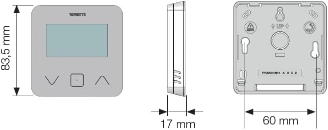 Technical diagram showing the dimensions of the Watts BT-D03 RF thermostat: 83.5 mm height, 17 mm depth, 60 mm width for mounting.