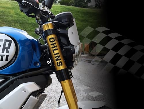Lot de 2 autocollants pour suspension de fourches Worldcustom compatibles avec OHLINS Ducati Yamaha Suzuki Kawasaki (or brillant)