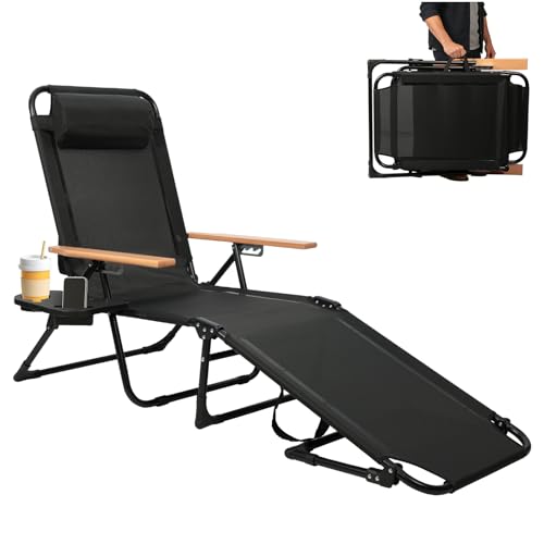 OVLRIJP Foldable Chaise Lounge Chair Outdoor, 4-Position Reclining Outdoor Lounge Chairs with Wooden Armrest, Folding Sun Lounger with Removable Pillow for Garden Beach Patio Camp (Black)