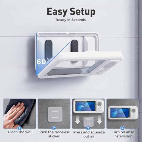 RMOKISIN Shower Phone Holder Waterproof with Wireless Bluetooth Speaker, Hands-Free Shower Phone Holder for Any Phone, Wall Mounted Phoneholder for Bathroom Mirror (Black) by RMOKISIN - Image 5