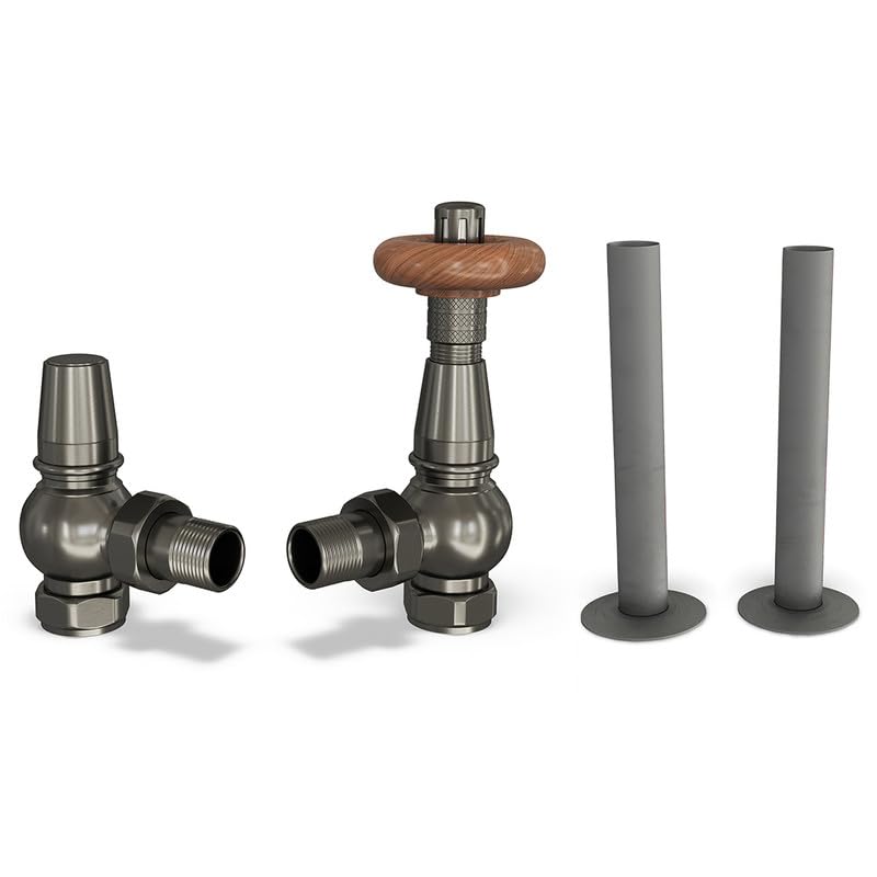UK Radiators Pewter Thermostatic Radiator Valves and Angled Lockshield Valve - Matt Pewter Finish - Traditional Design 1/2" x 15mm Angled Radiator Valves with 130mm Pipe Sleeves