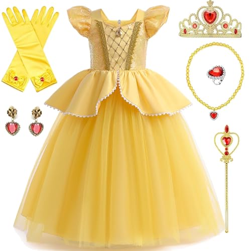 Costume da principessa, vestito da principessa gialla, con corona, bacchetta, guanti, collana, anello, orecchini, per feste di compleanno, Halloween, Natale, Giornata mondiale del libro, cosplay, 150